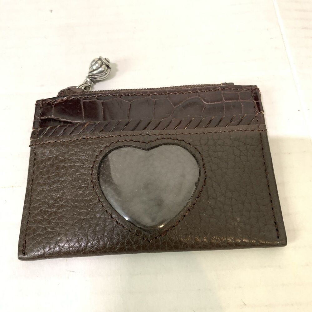 Brighton Coin Change Purse ID Pocket Card Holder Mini Black Brown Heart Leather